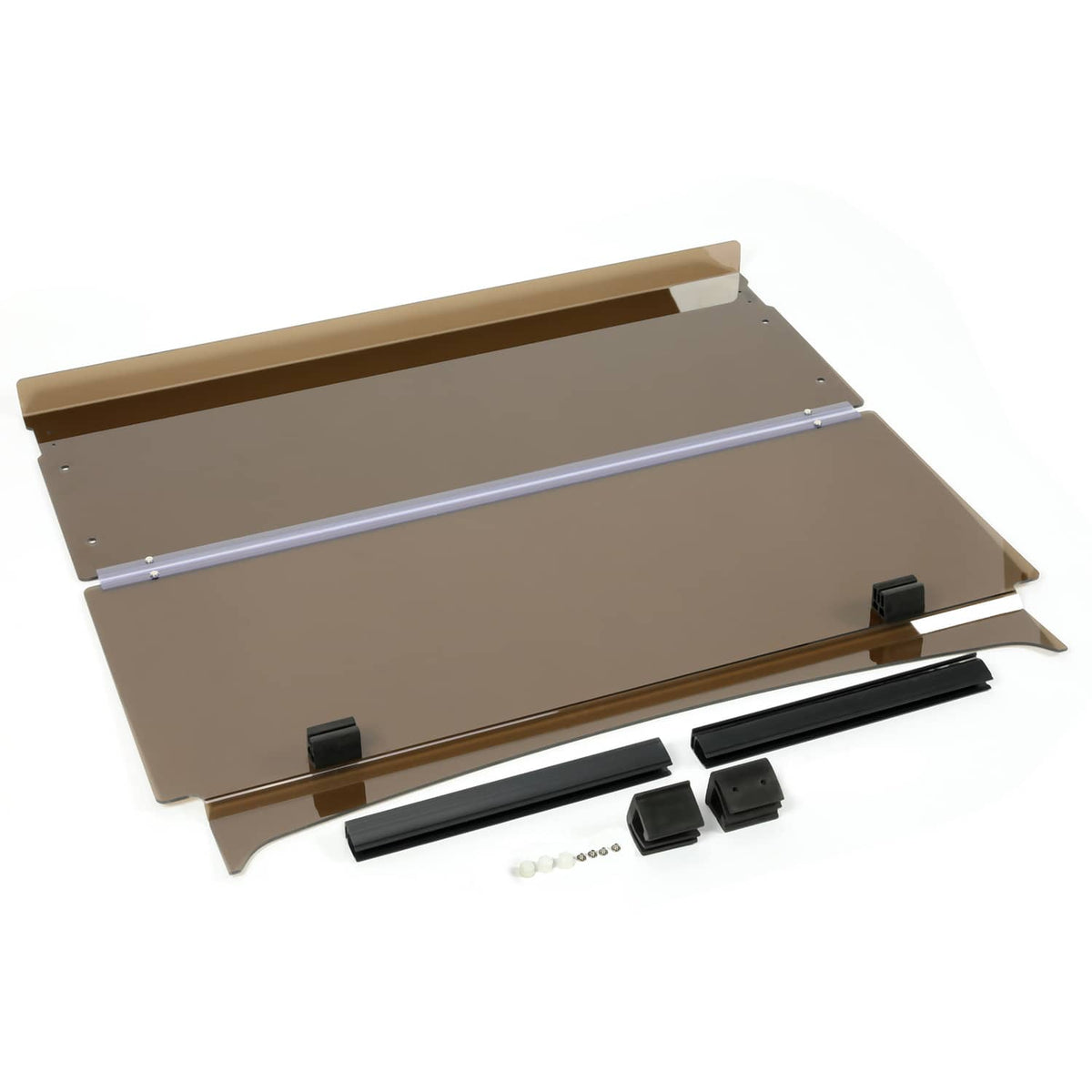 Folded tinted windshield kit with silver rails and included mounting components