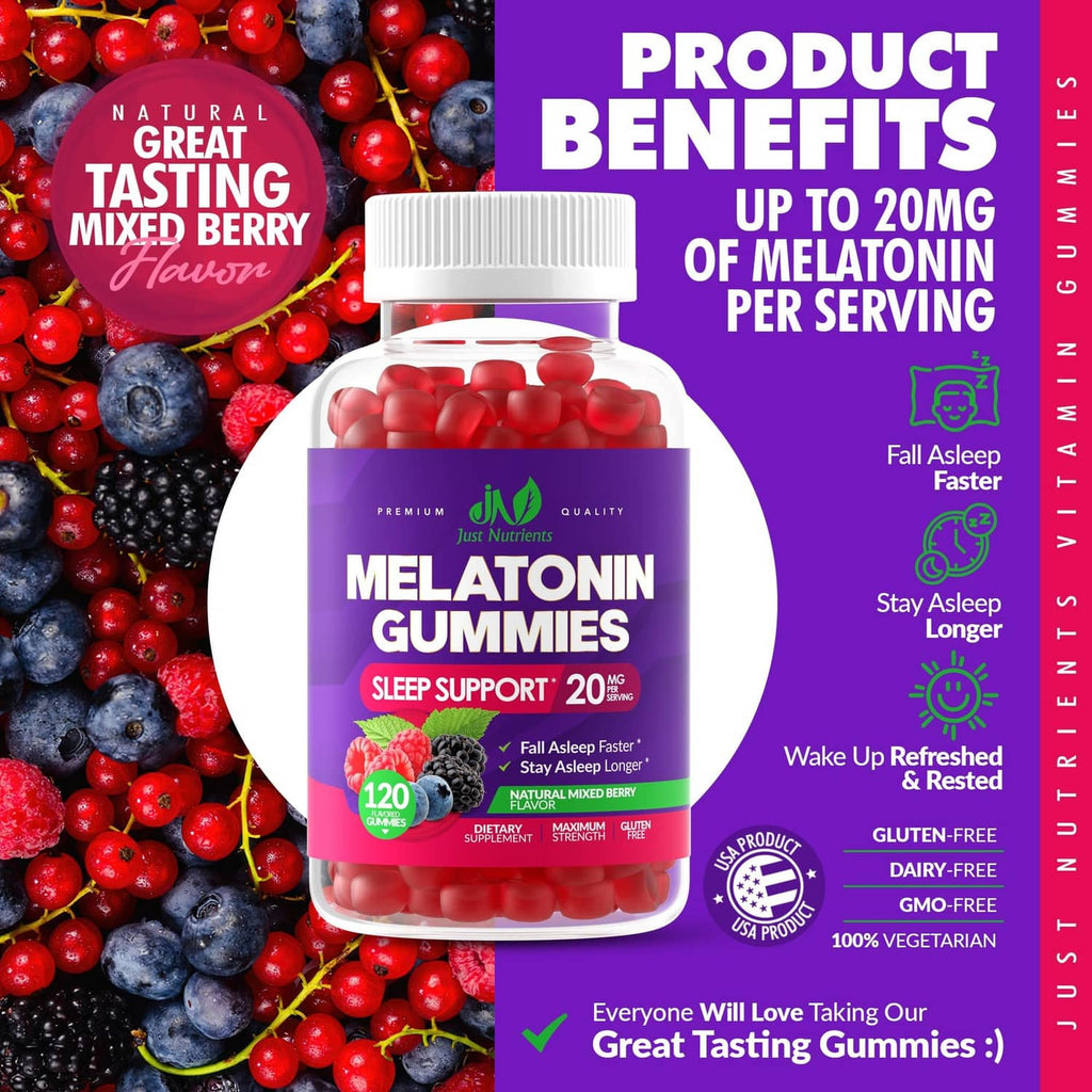 Melatonin gummies bottle with 120 gummies label and mixed berry flavor badge