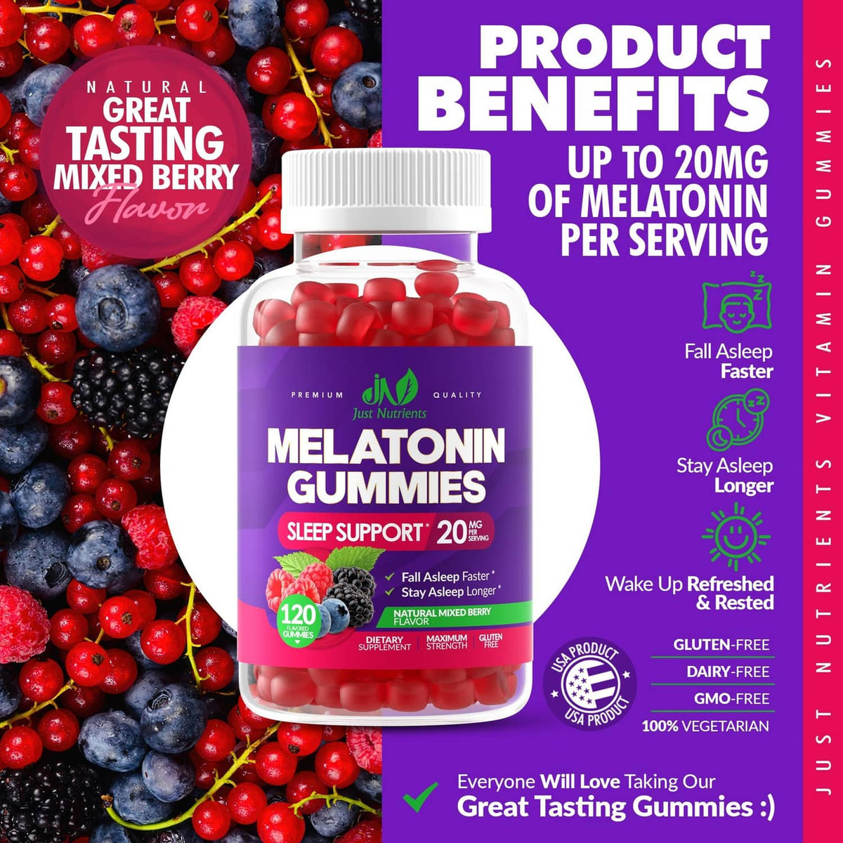 Melatonin gummies bottle with 120 gummies label and mixed berry flavor badge