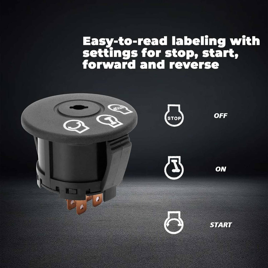 Lawn mower ignition switch knob with labeled stop, on, off, and start positions