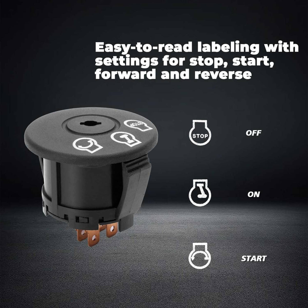 Lawn mower ignition switch knob with labeled stop, on, off, and start positions