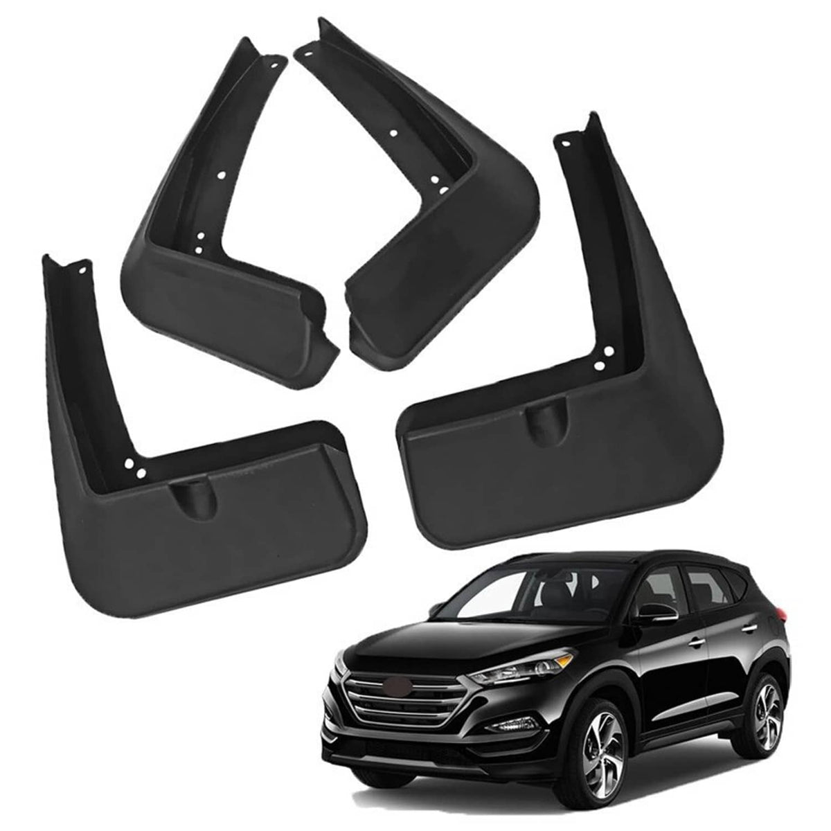 Black front and rear mud flap set, four pieces with raised splash shields