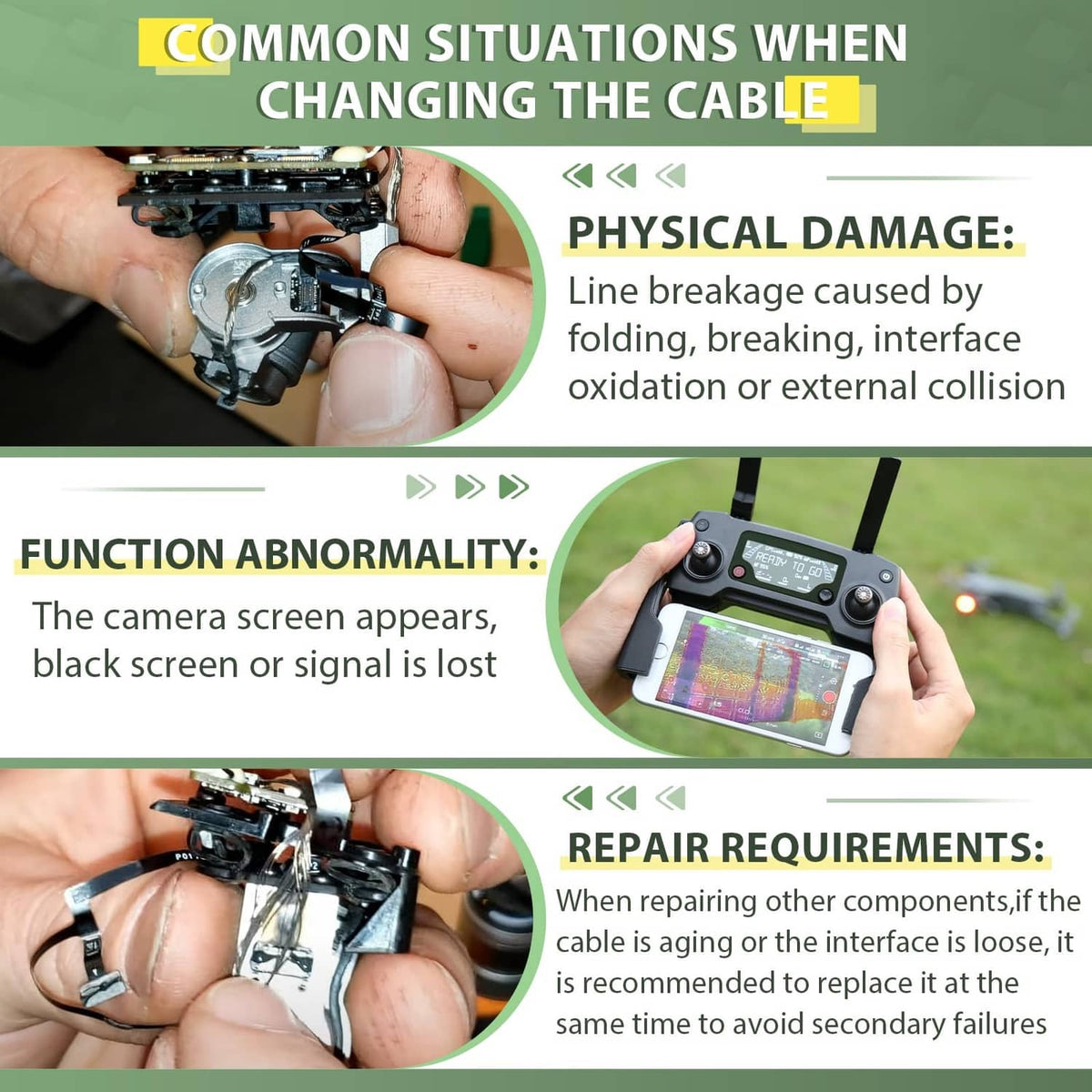 Drone gimbal camera being repaired by hand with cable access