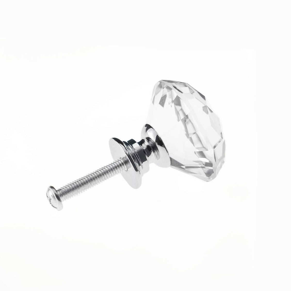 Faceted crystal drawer knob with chrome threaded mounting bolt and round base