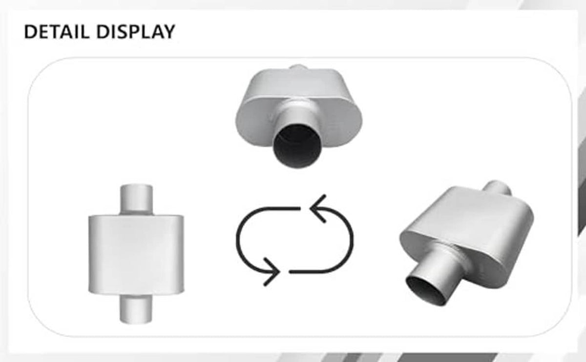 Aluminized steel muffler detail view with round outlet opening and flow arrows illustration