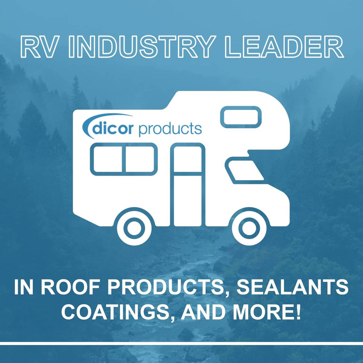 Promotional graphic for RV industry leader with RV icon and product categories