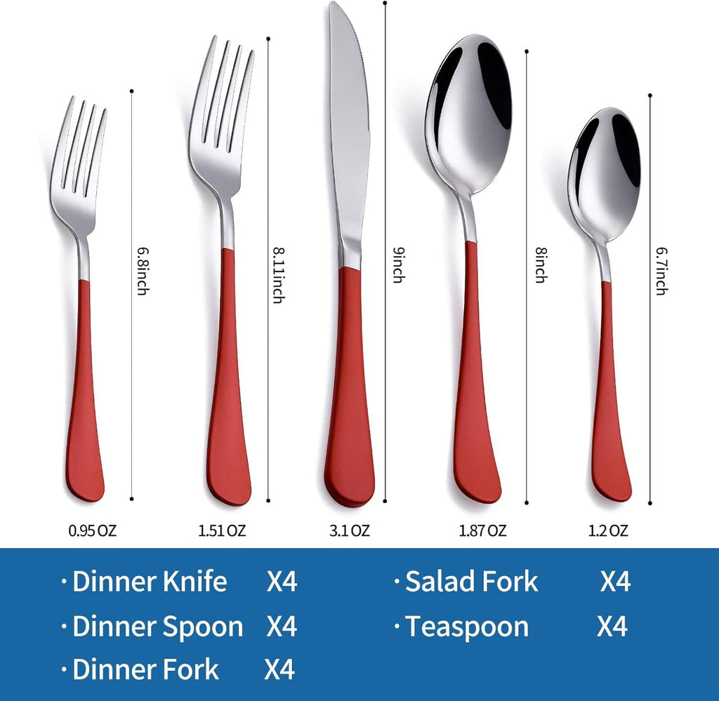 Stainless flatware set with red handles, shown with knife, fork, and spoon
