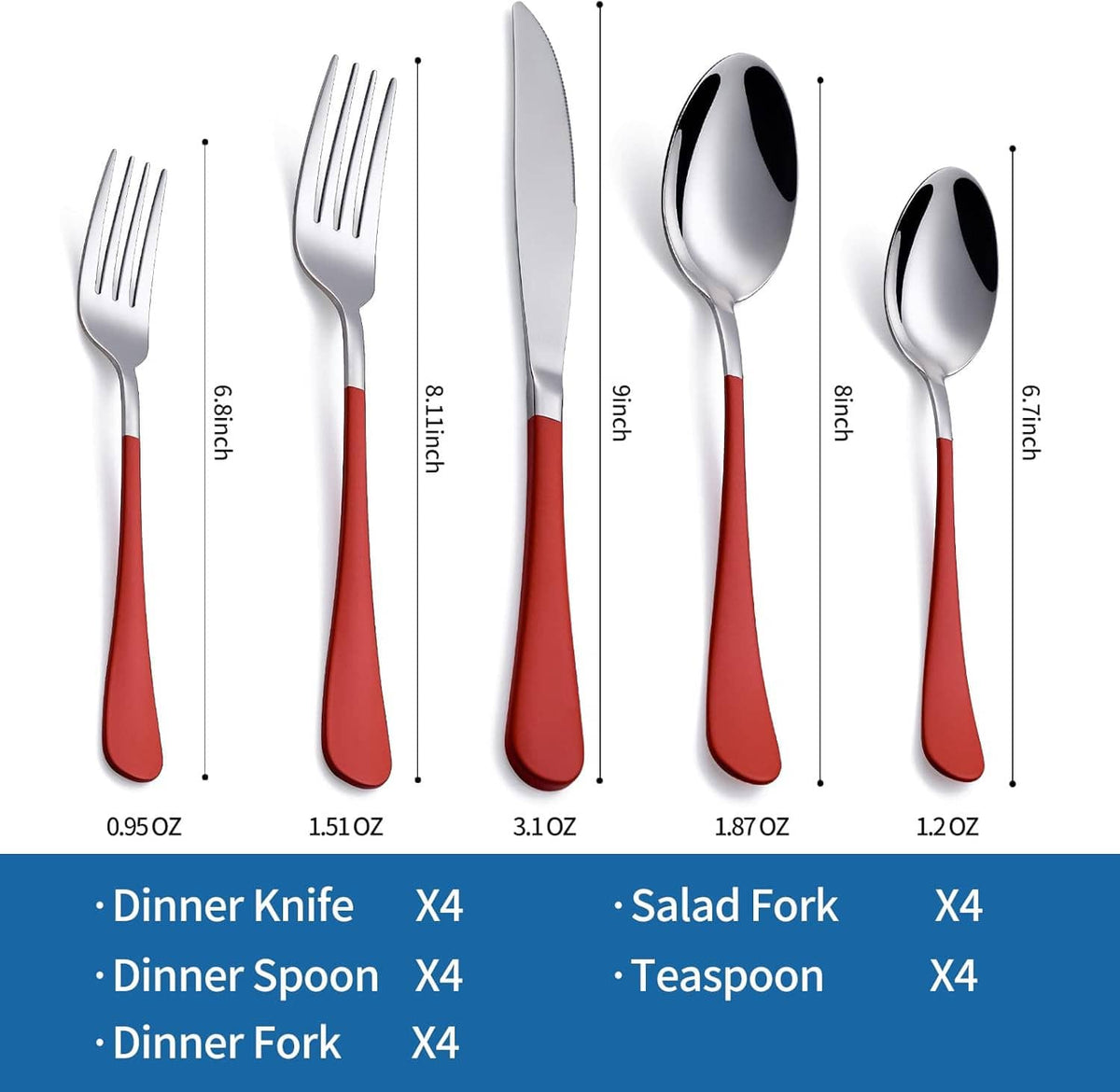 Stainless flatware set with red handles, shown with knife, fork, and spoon