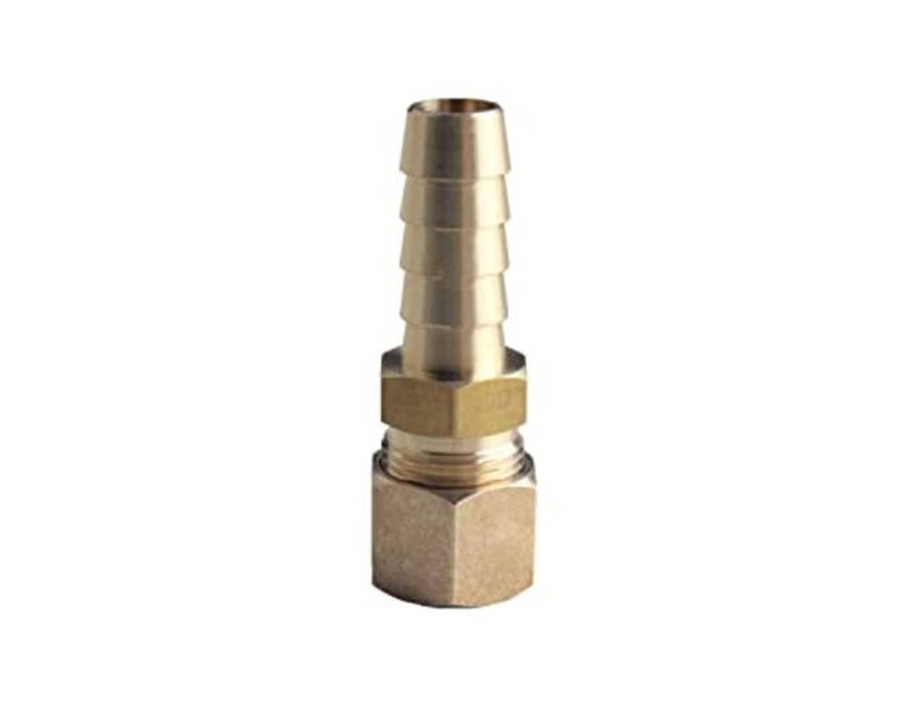 Brass male hose barb cooler line fitting, 3/8 compression to 3/8 hose barb
