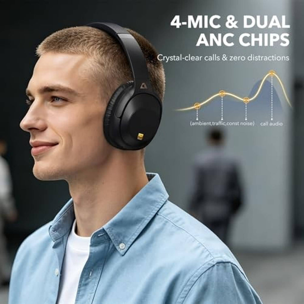 Black over-ear headphones on a man, angled side view of the ear cup