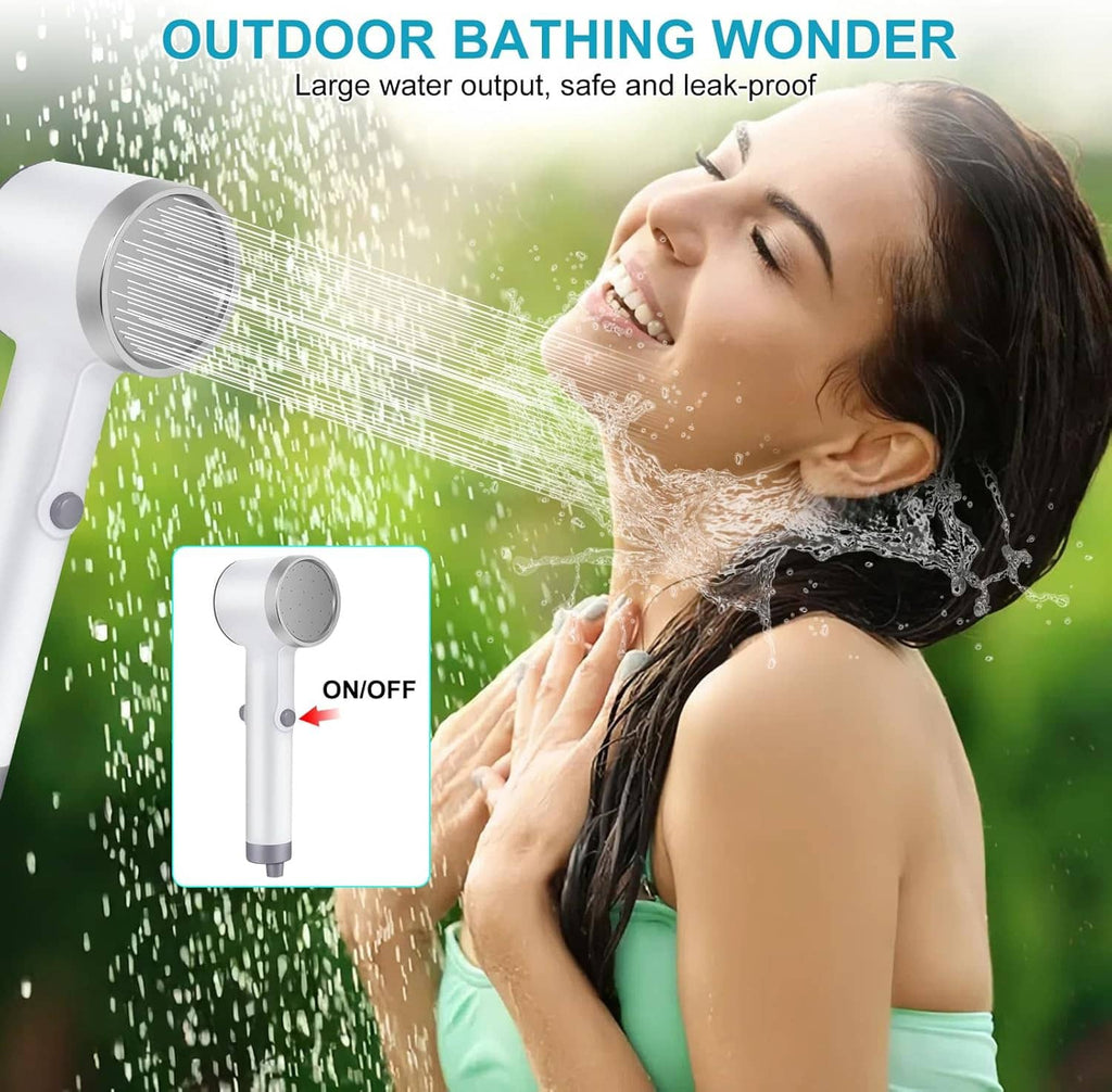 Portable outdoor shower with handheld head spraying water stream and flexible hose