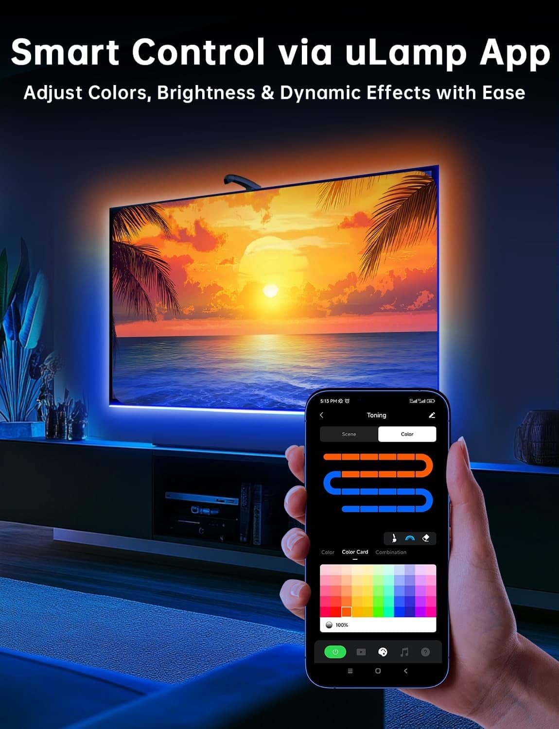 App-controlled TV LED backlight with smartphone control for color and brightness