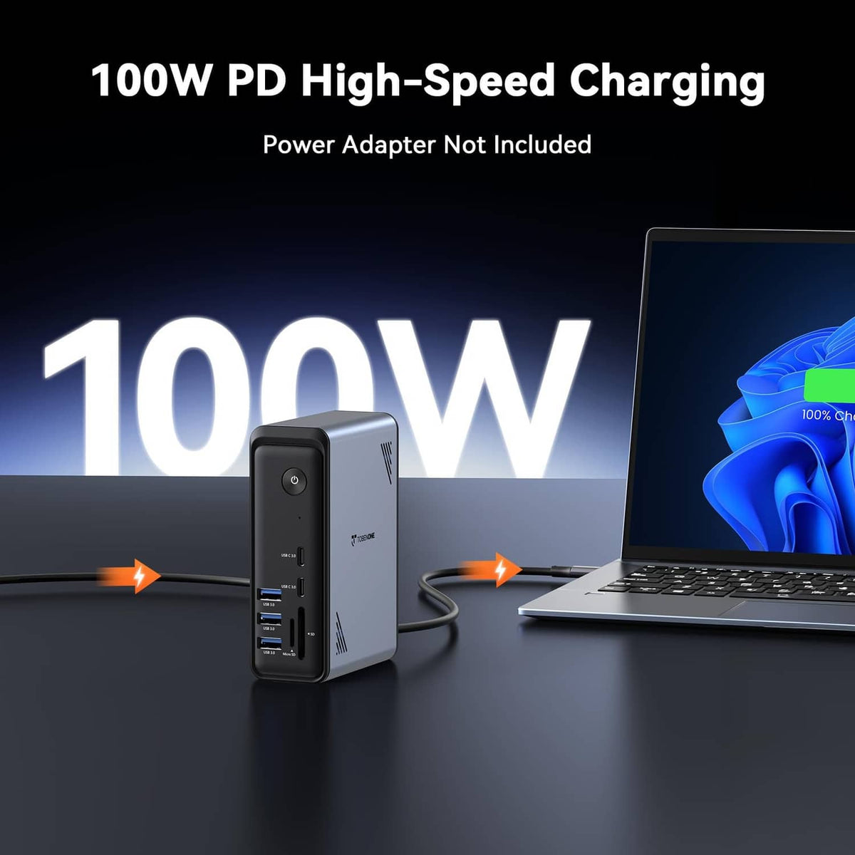 Compact grey docking station with 100W PD charging port and USB connectors