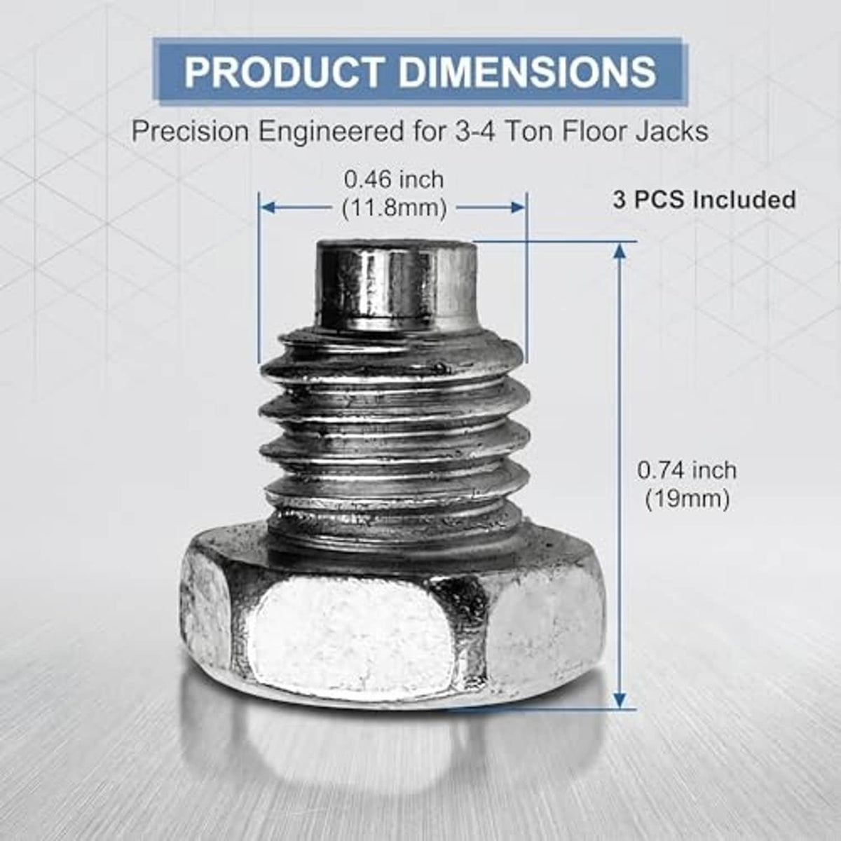 Hex-head threaded floor jack handle bolt with 19mm height and 11.8mm width (3 pcs)
