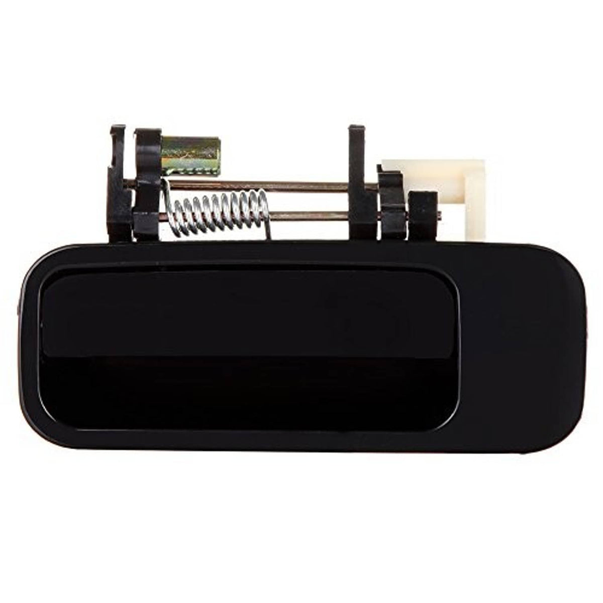 Black exterior door handle with visible metal spring mechanism on top