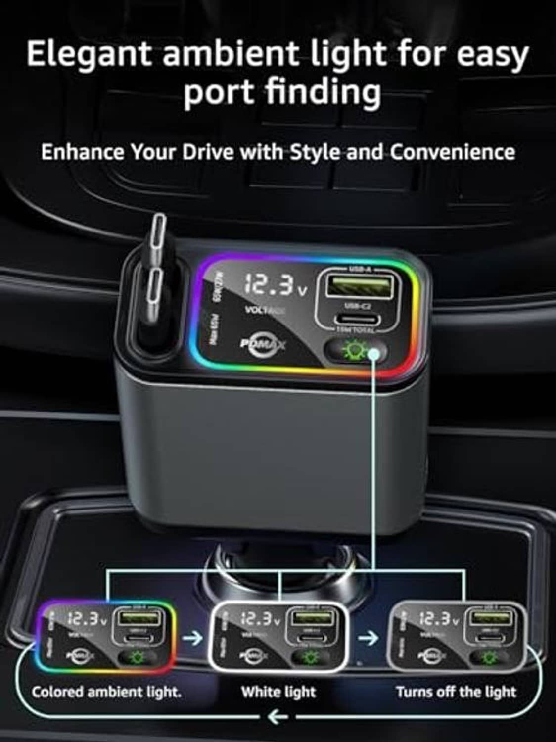 Retractable car USB-C charger with LED display and colored ambient light effect