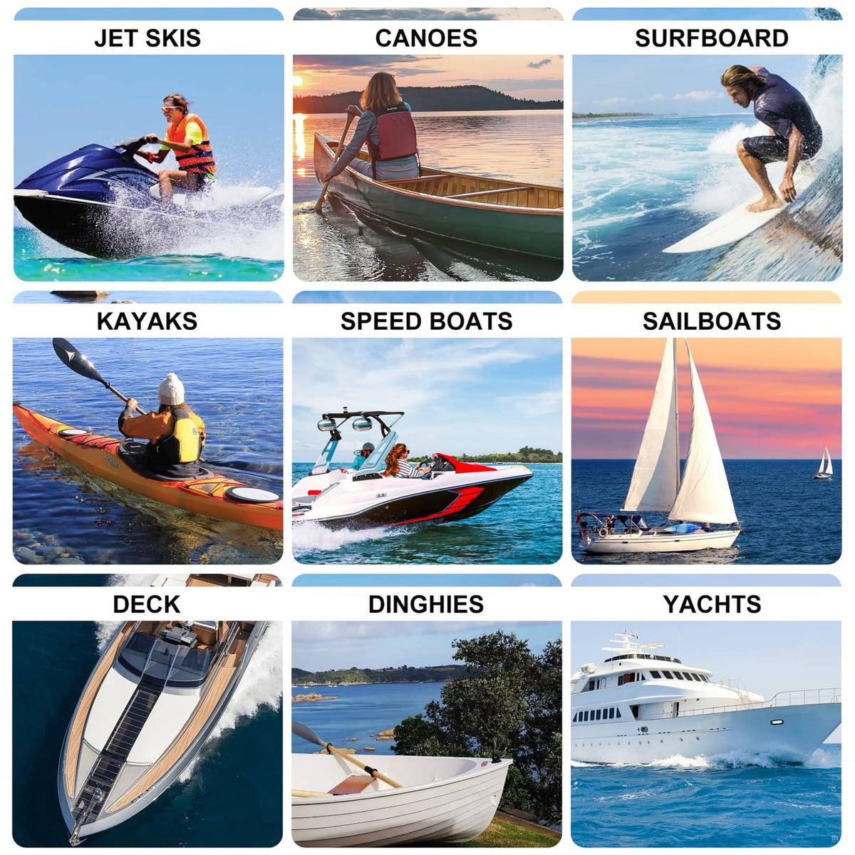 Marine fiberglass repair kit usage icons for jet skis, canoes, surfboards, and yachts