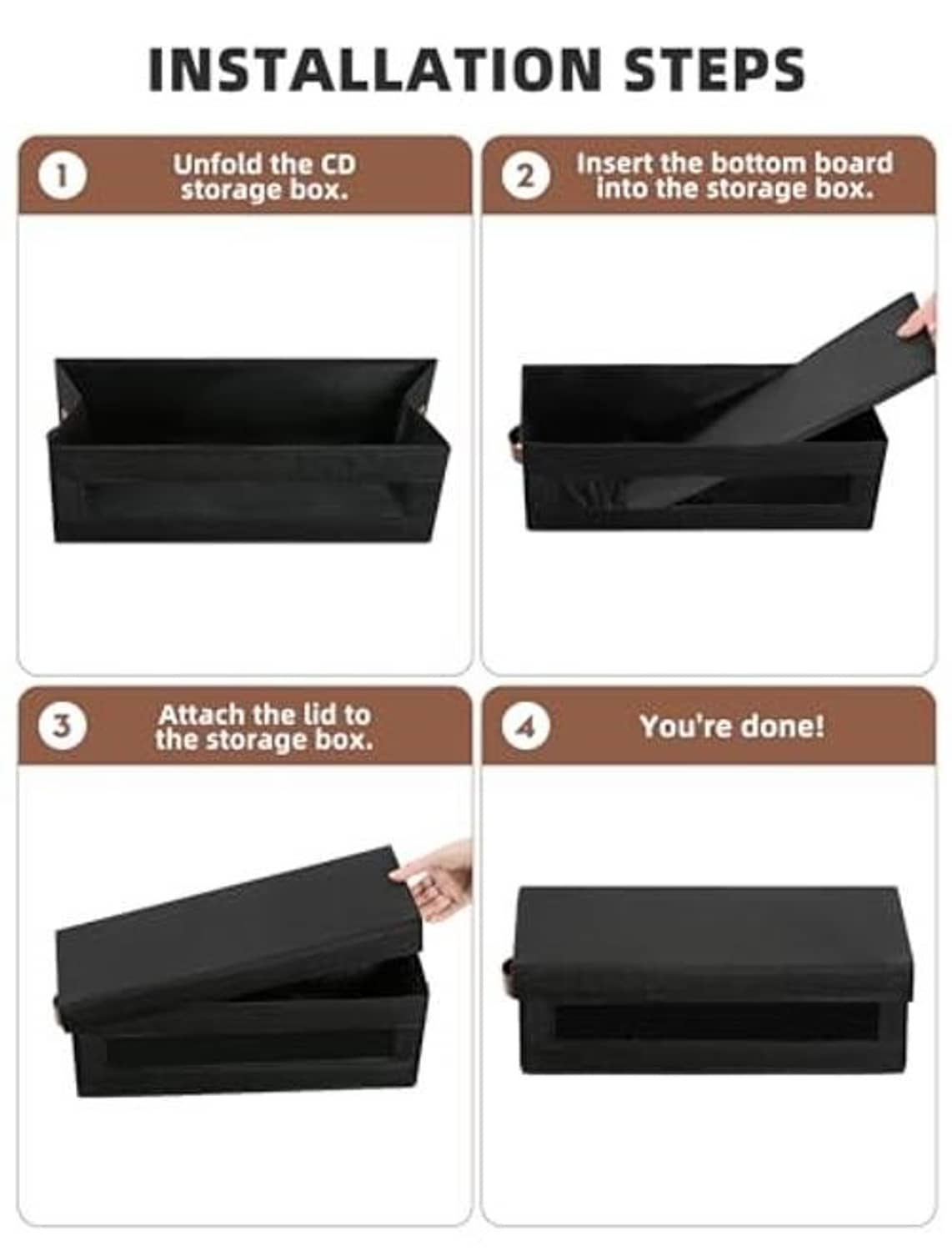 Black CD storage box with hinged lid and open interior for inserting discs