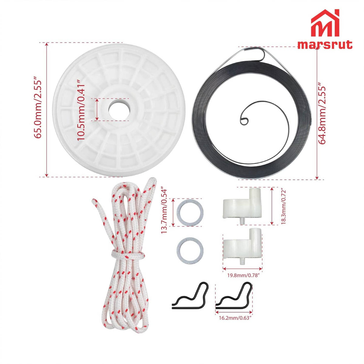 Recoil starter pulley spring assembly parts with labeled dimensions: white pulley and black spring
