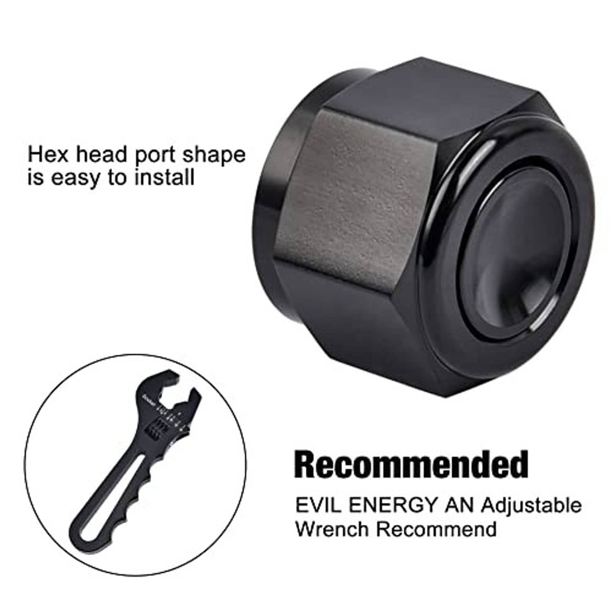 Black 10AN flare cap block-off plug with hex port face and internal threads