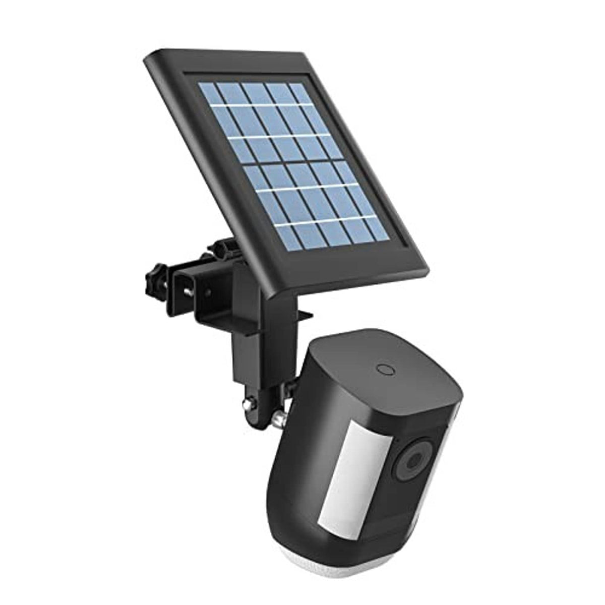 Black gutter mount with solar panel and cylindrical camera light, angled view