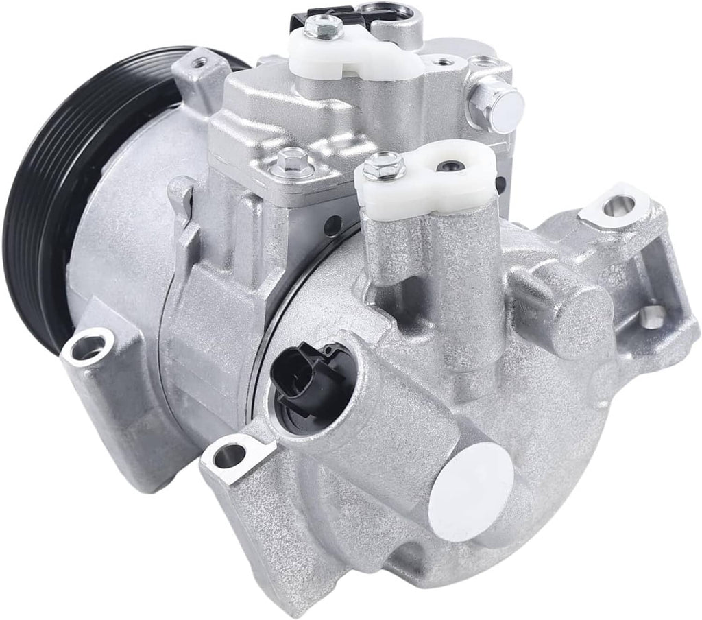 A/C air compressor with black pulley and black electrical connector, angled view