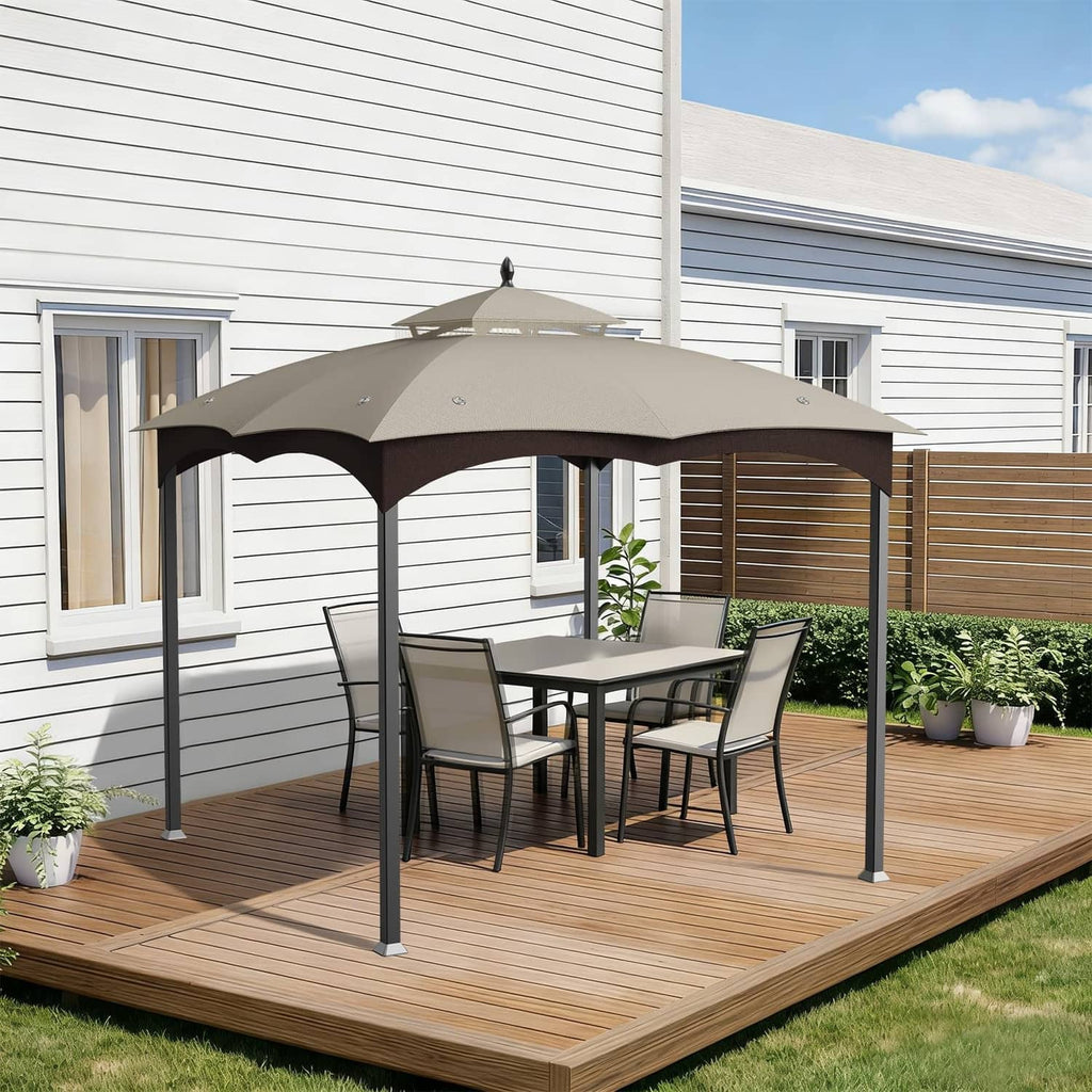 Beige gazebo canopy replacement top with scalloped edges, installed on outdoor deck