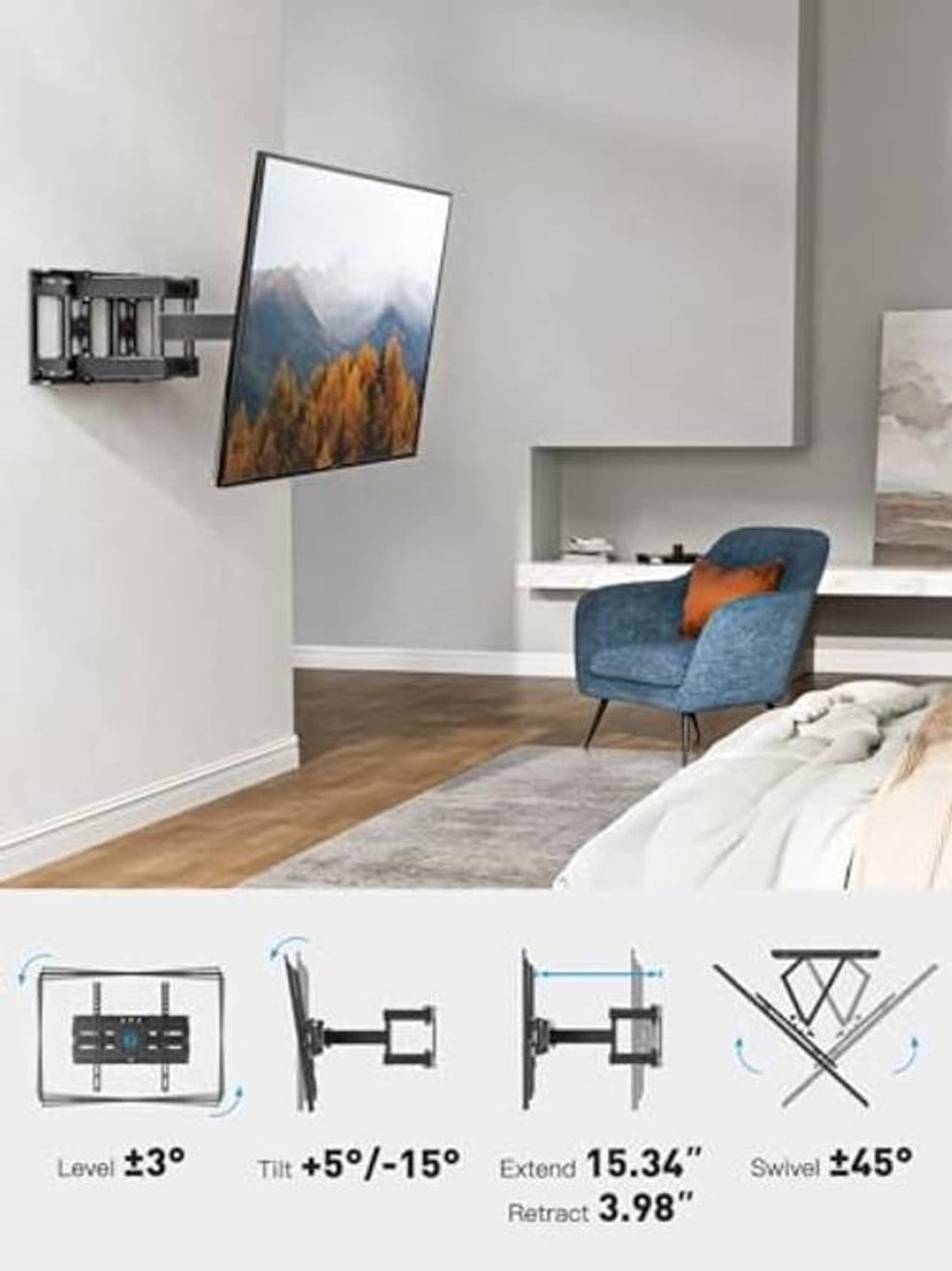 TV wall mount on wall with adjustability: level, tilt, swivel, and extend/retract.