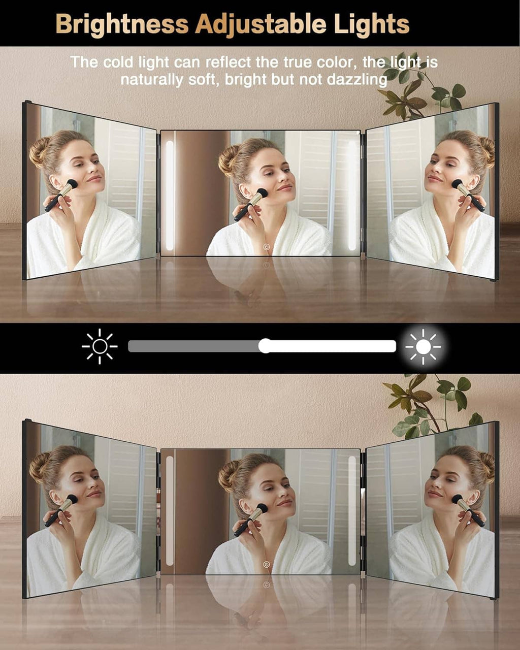 Hair cutting mirror with brightness-adjustable LED lights for clear grooming views