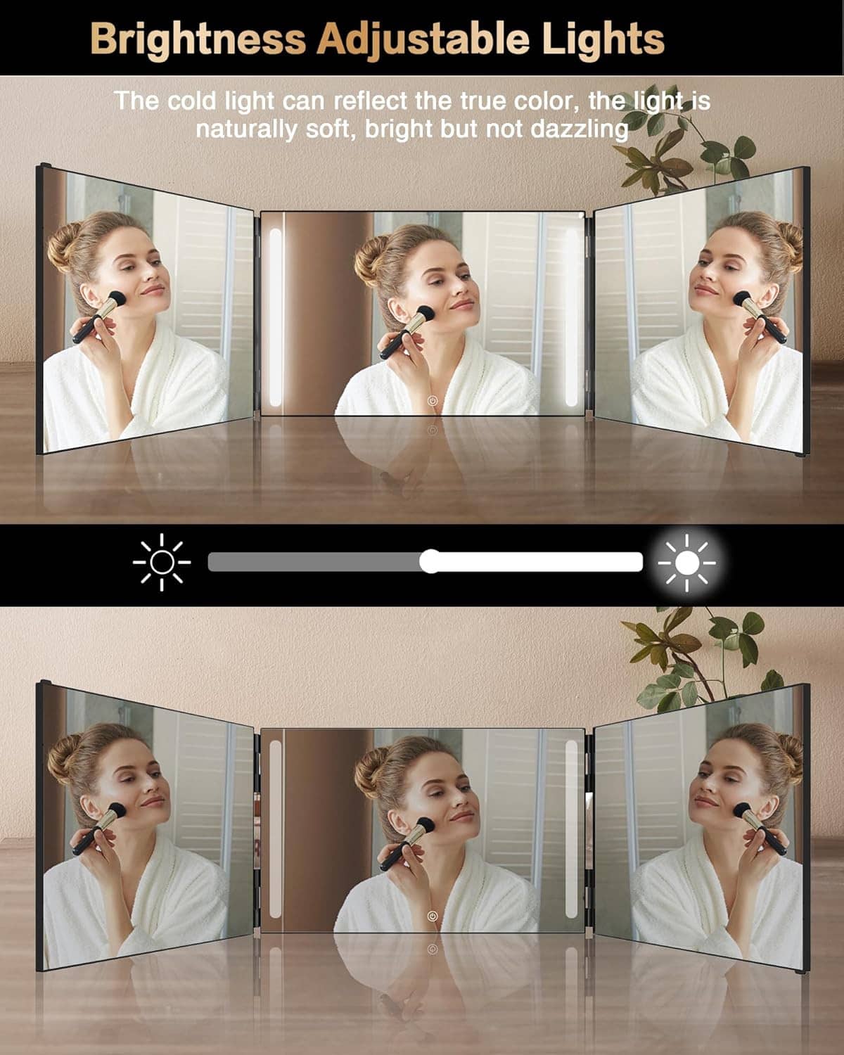 Hair cutting mirror with brightness-adjustable LED lights for clear grooming views