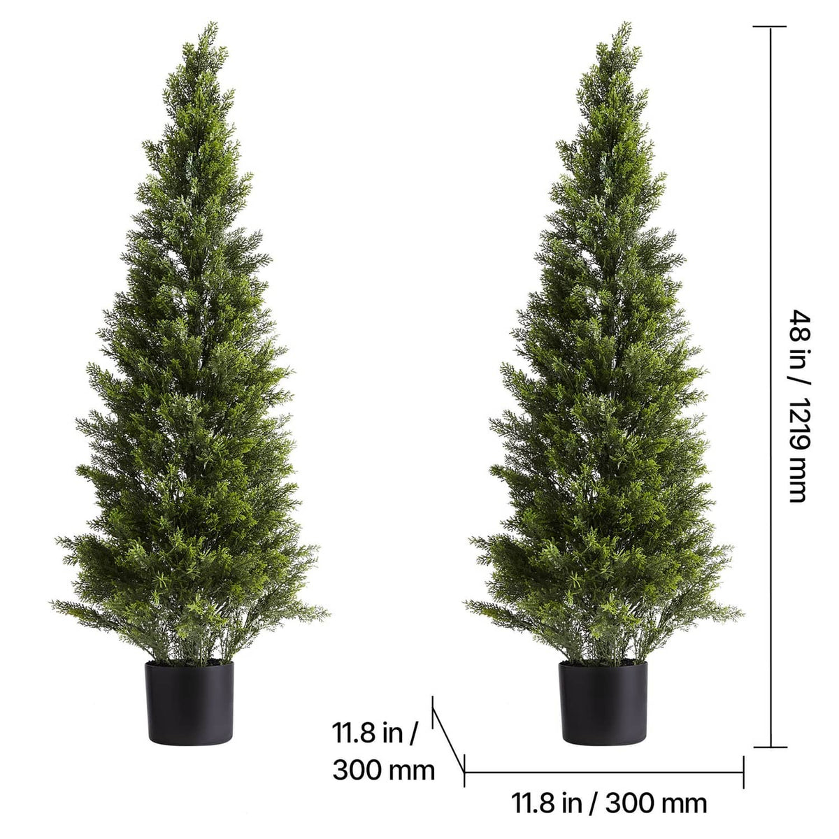 Two artificial cedar-style topiary trees in black planters, about 48 in tall