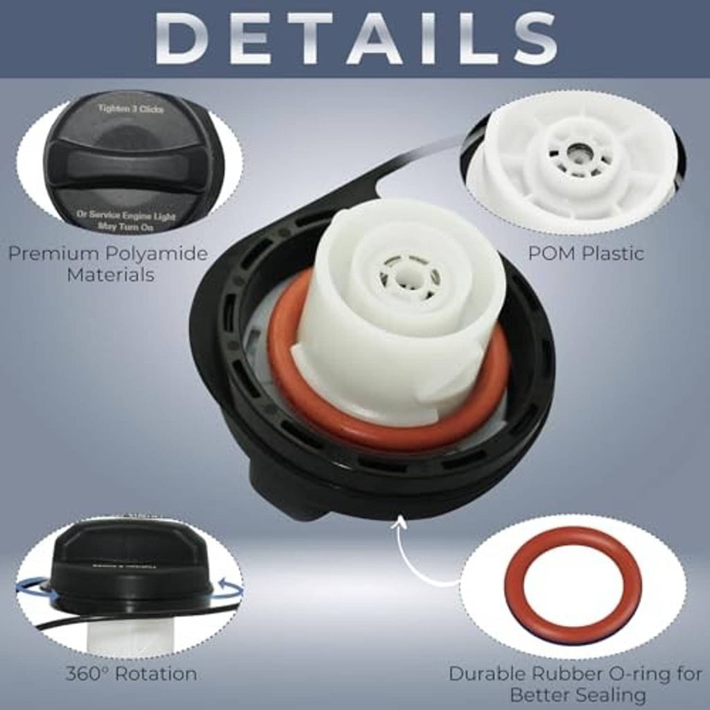 Fuel tank cap assembly with white plastic top and rubber O-ring seal