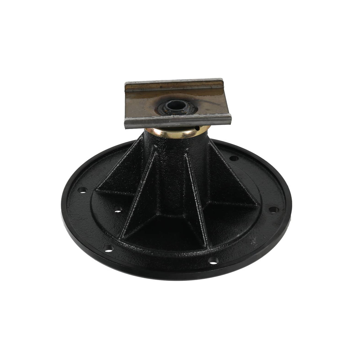 Black deck spindle with circular base, center hub, and top rectangular plate