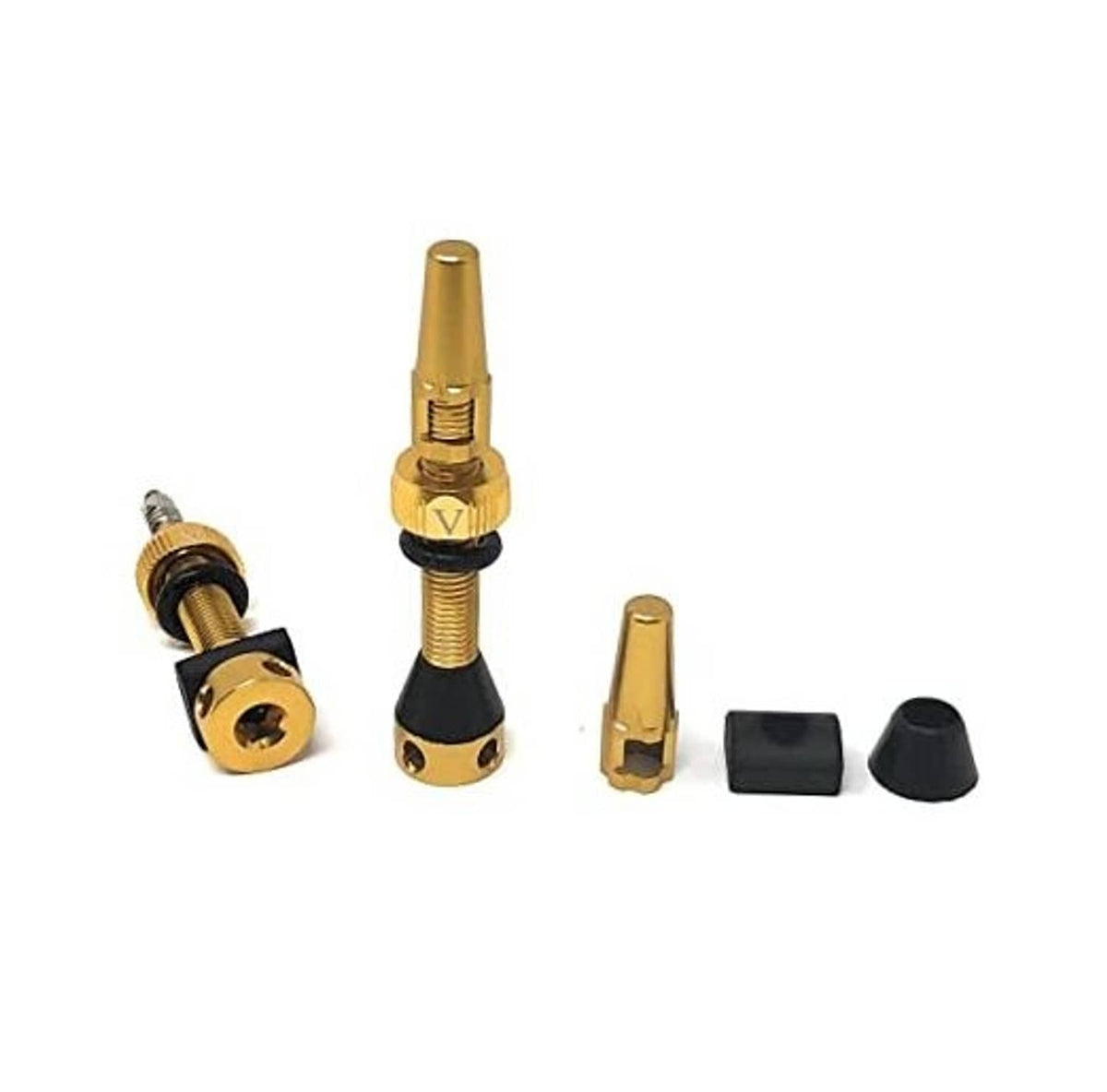 Gold tubeless Presta valve stem set with cap, locknut, and base grommet pieces