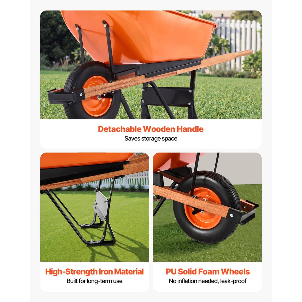 Orange dump cart with detachable wooden handle, black frame, and one wheel