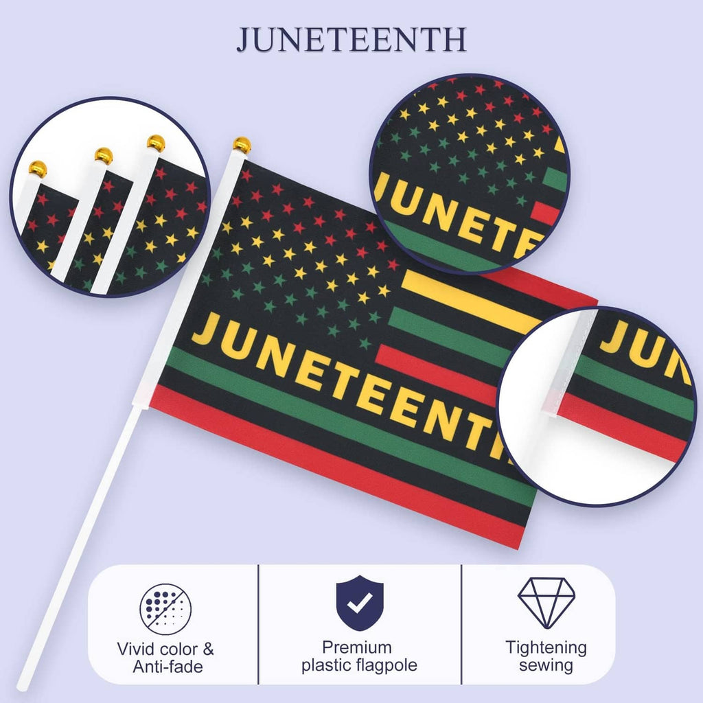 Juneteenth mini flag set with star-and-stripe design, “JUNETEENTH” text, and plastic poles