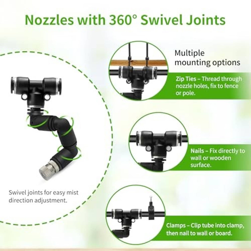 Misting nozzles with 360° swivel joints for multi-direction adjustment and mounting options