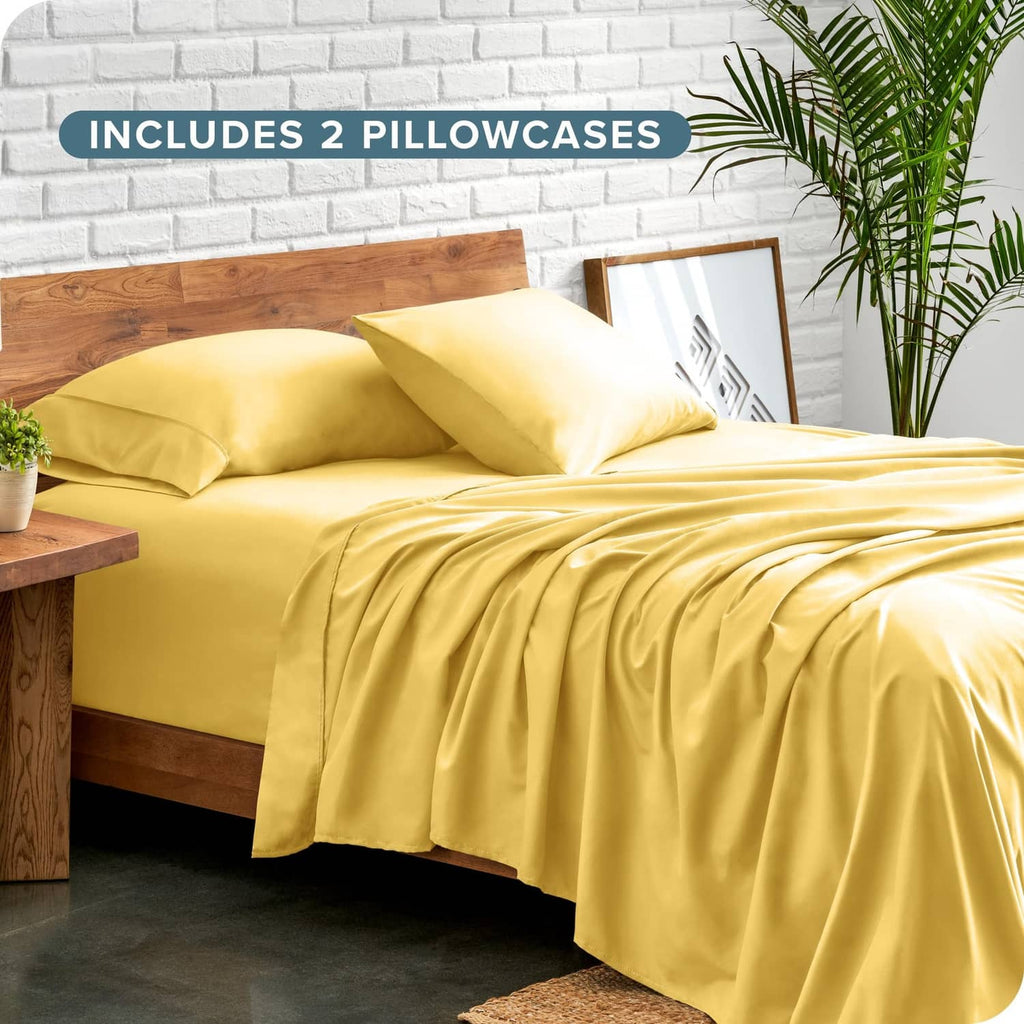 Lemon-yellow Twin XL microfiber sheet set with fitted sheet and 2 pillowcases.