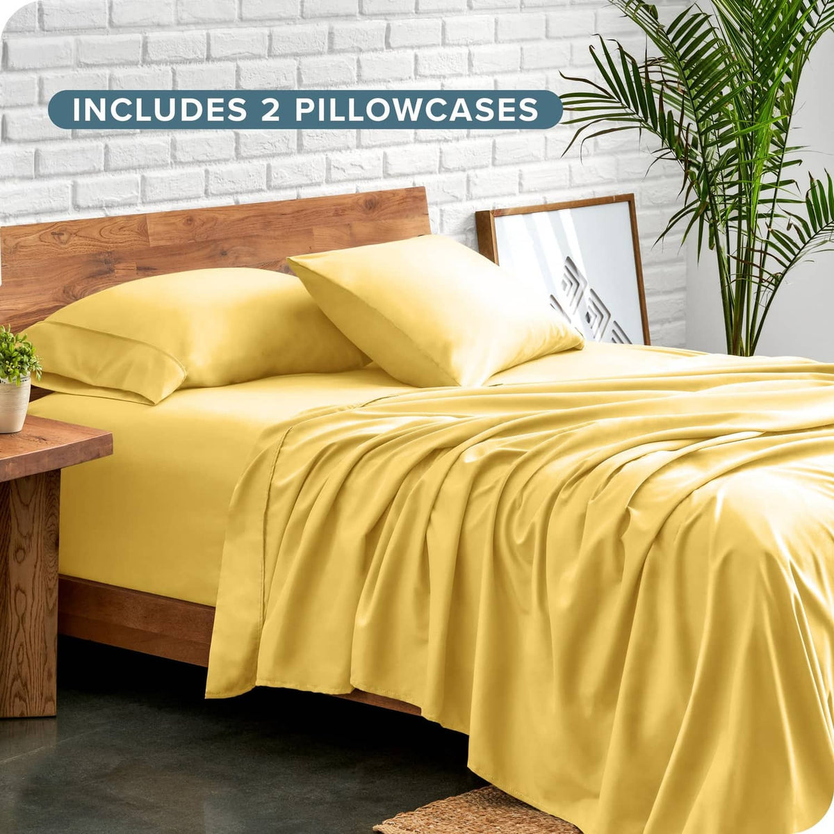 Lemon-yellow Twin XL microfiber sheet set with fitted sheet and 2 pillowcases.