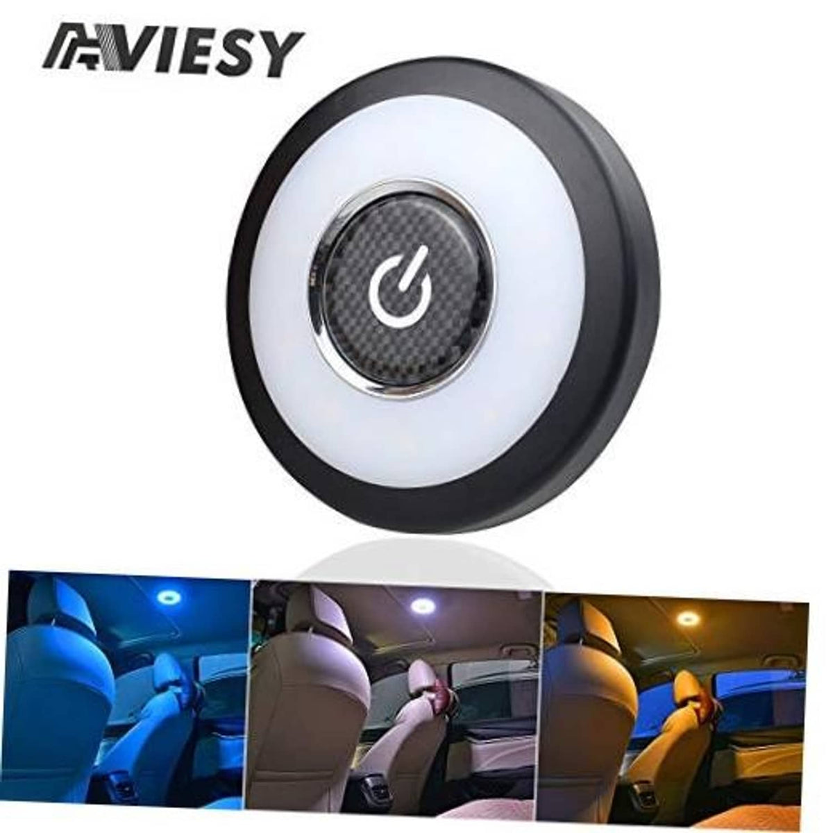 Round LED car interior light with power button, black rim and translucent center