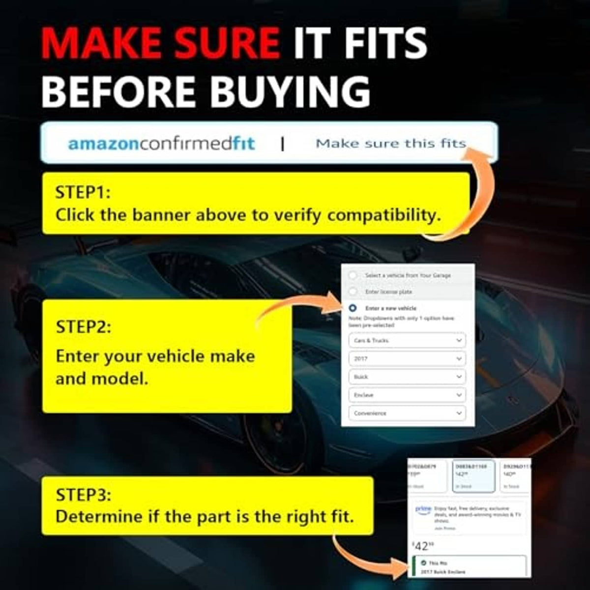 Brake pad fitment guide graphic with vehicle make and model selection boxes