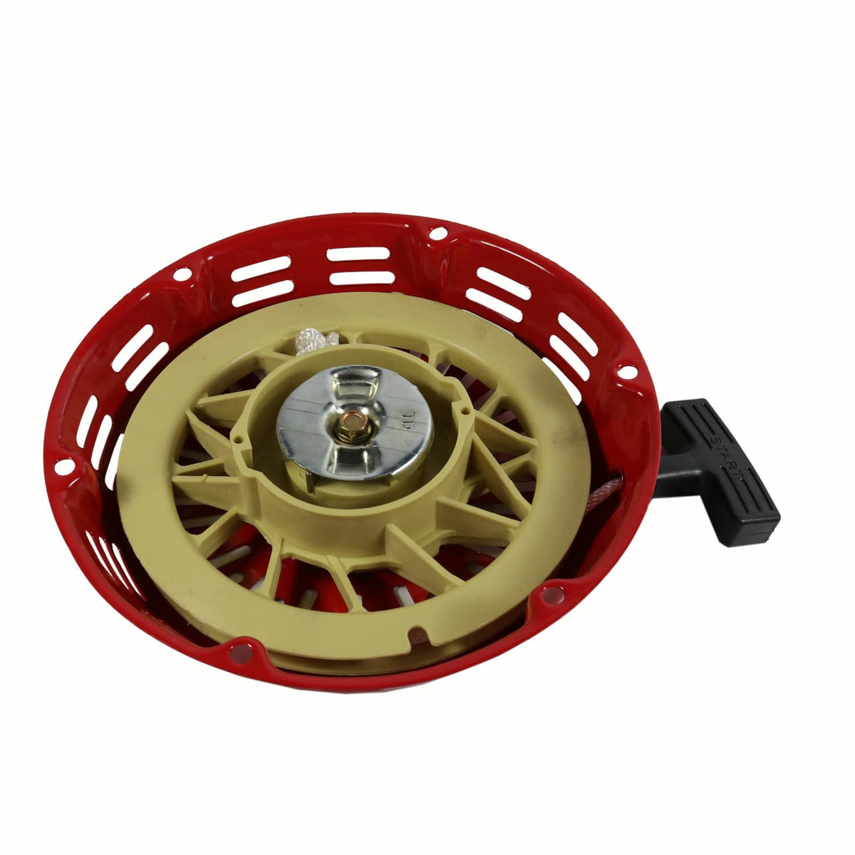 Recoil starter fan assembly with beige wheel and center metal pull-start mechanism