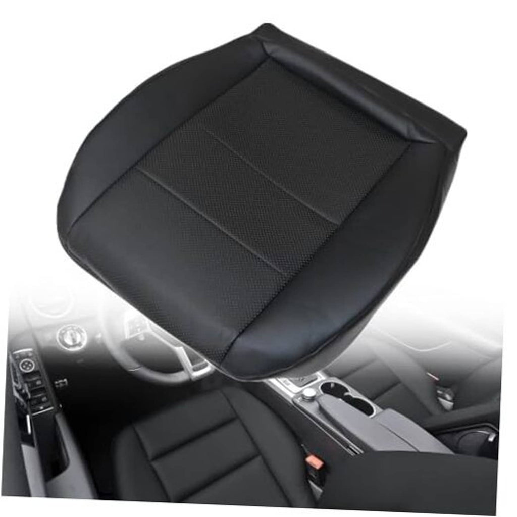 Black leather driver seat bottom cover with stitched panels and textured center insert
