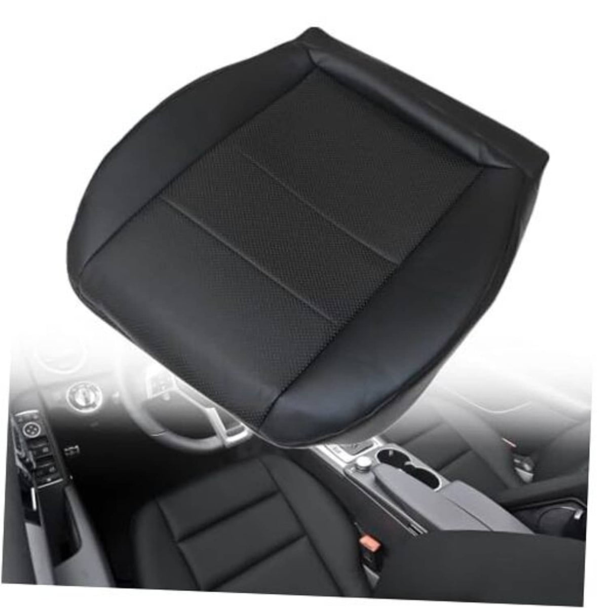 Black leather driver seat bottom cover with stitched panels and textured center insert