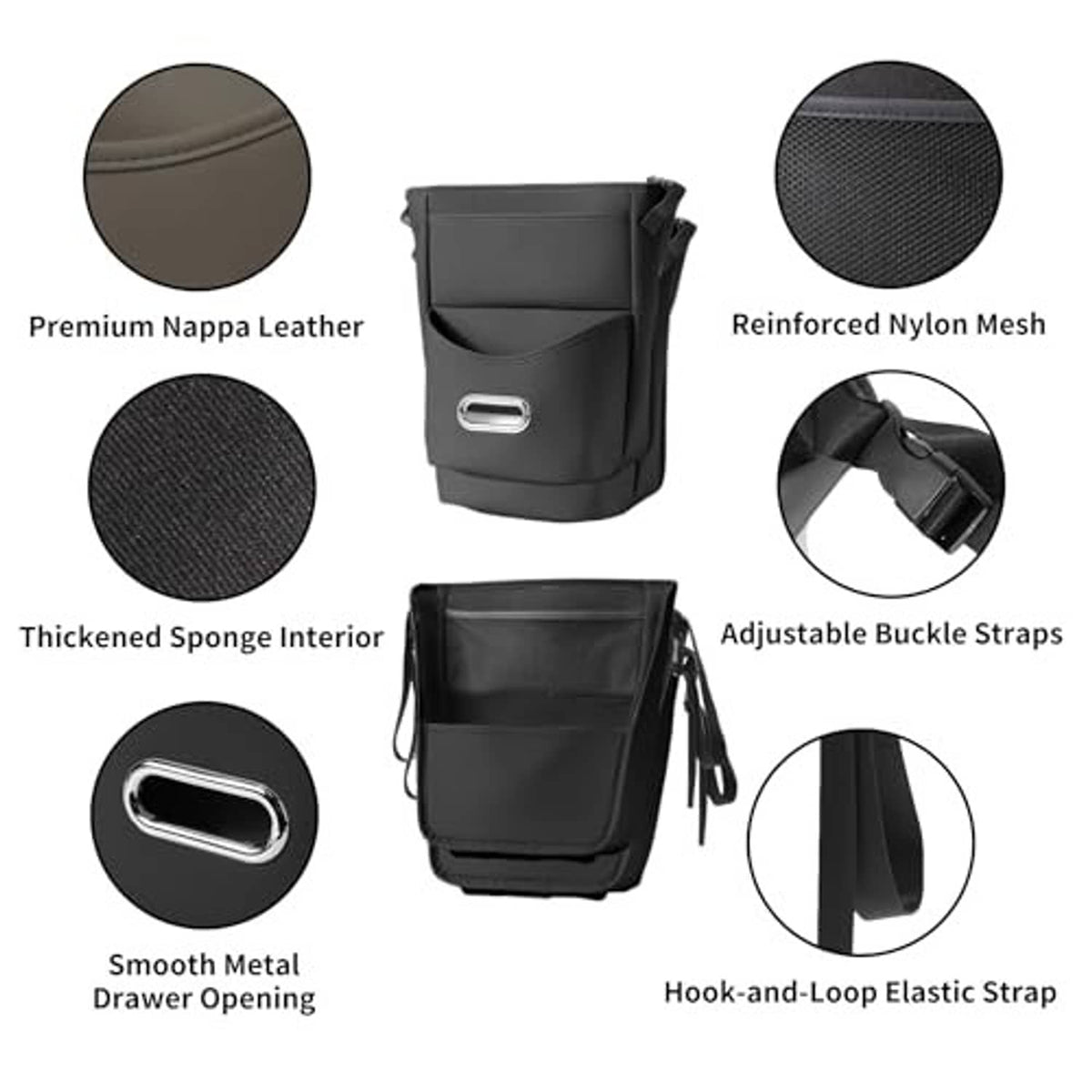 Black between-seat car organizer with reinforced mesh pockets, sponge interior, metal pull