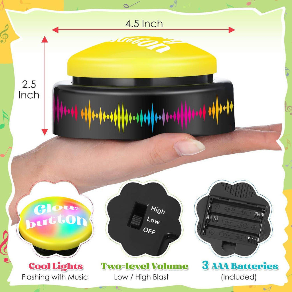 Dance music glow button with yellow top, black base, and multicolored light speaker ring
