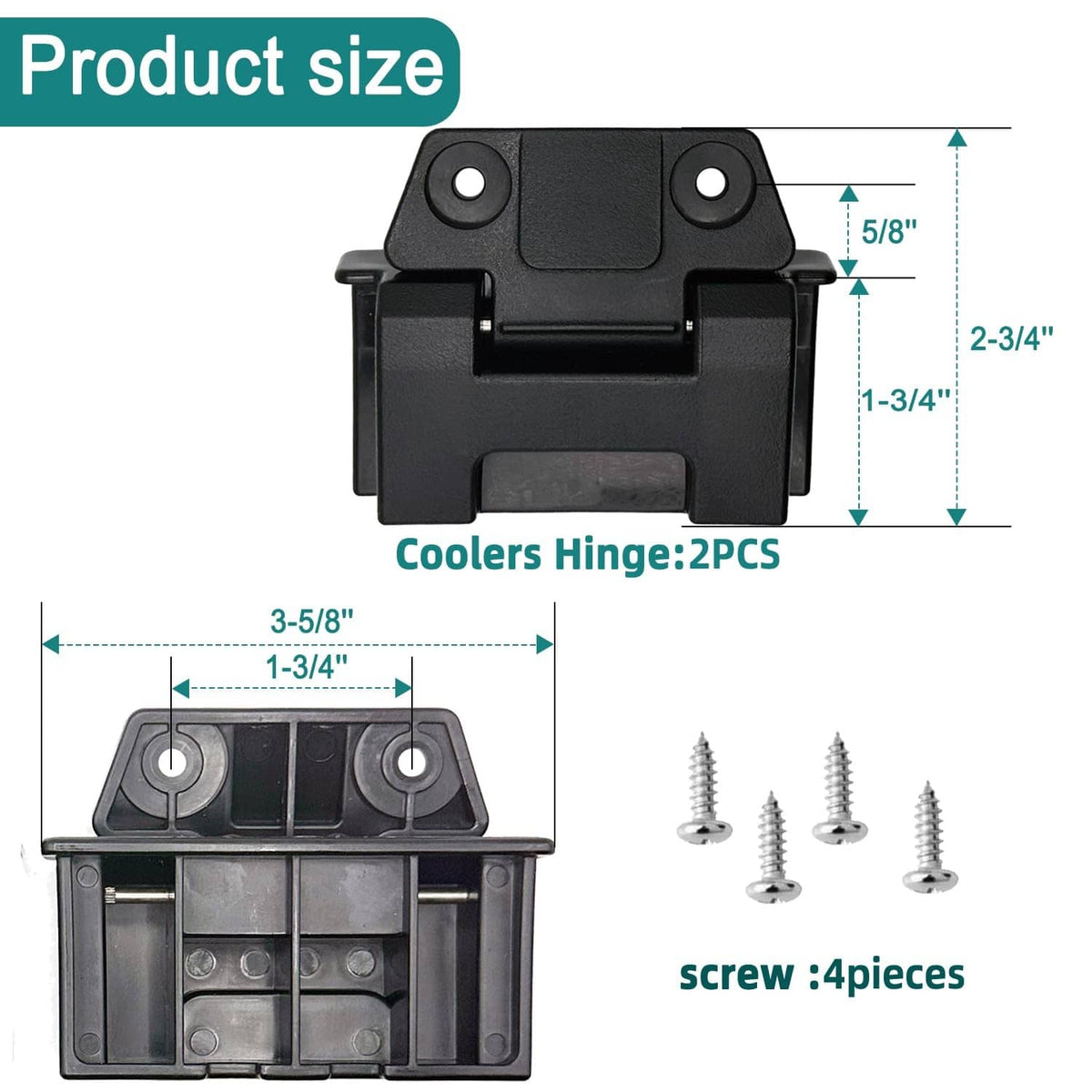 Cooler hinge set with black plastic latches and 4 included mounting screws, labeled size.
