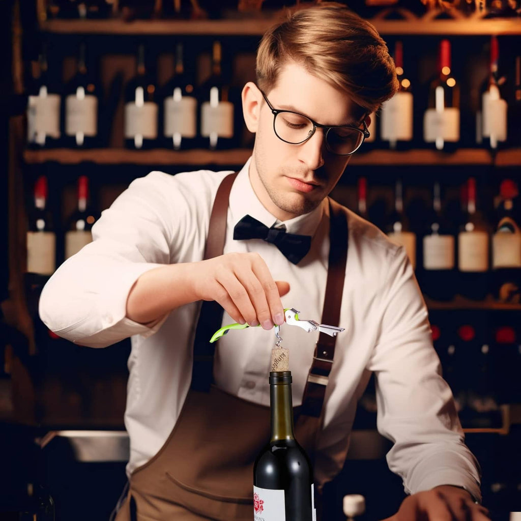 Bar server using a lime green waiter corkscrew key to remove a cork from wine bottle.