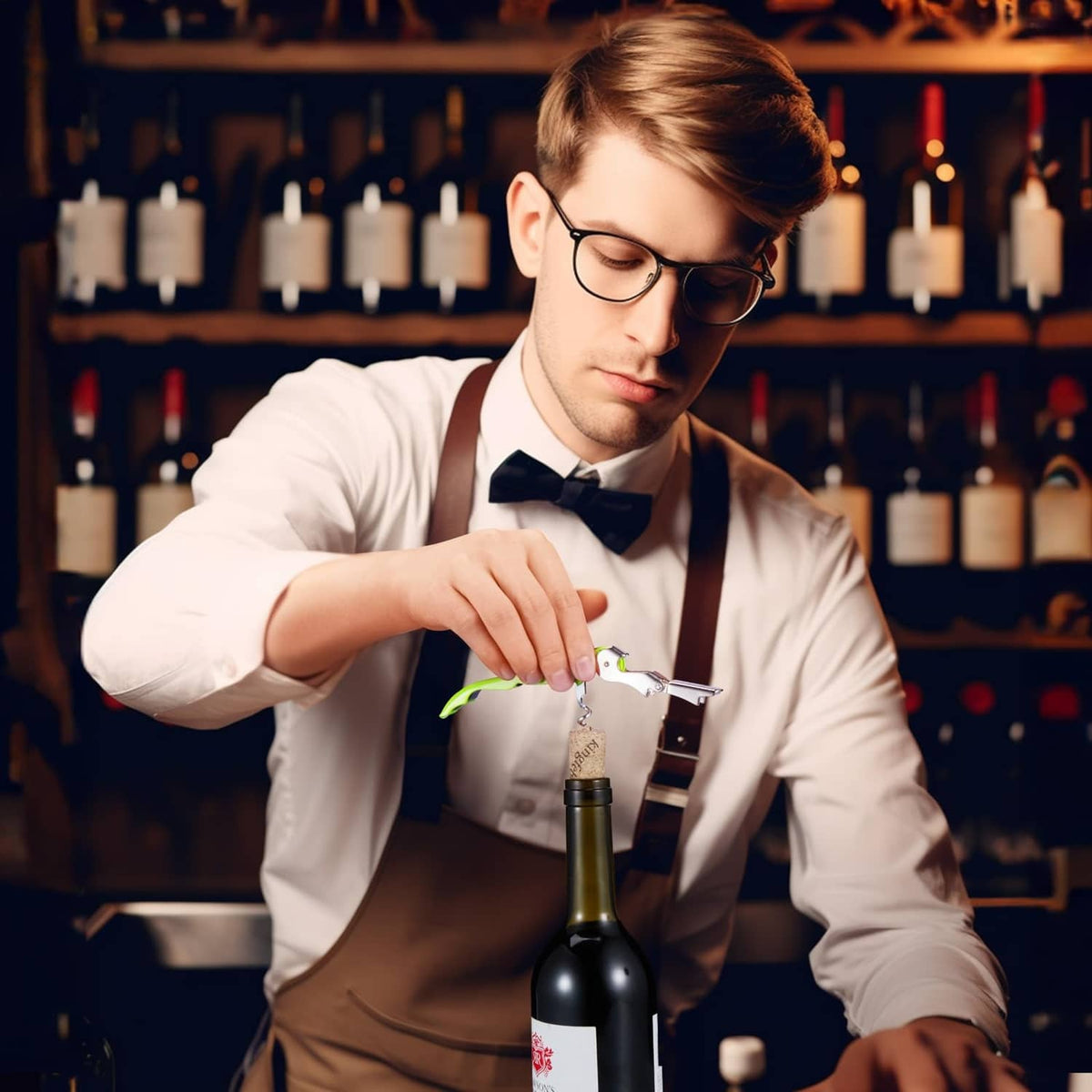 Bar server using a lime green waiter corkscrew key to remove a cork from wine bottle.