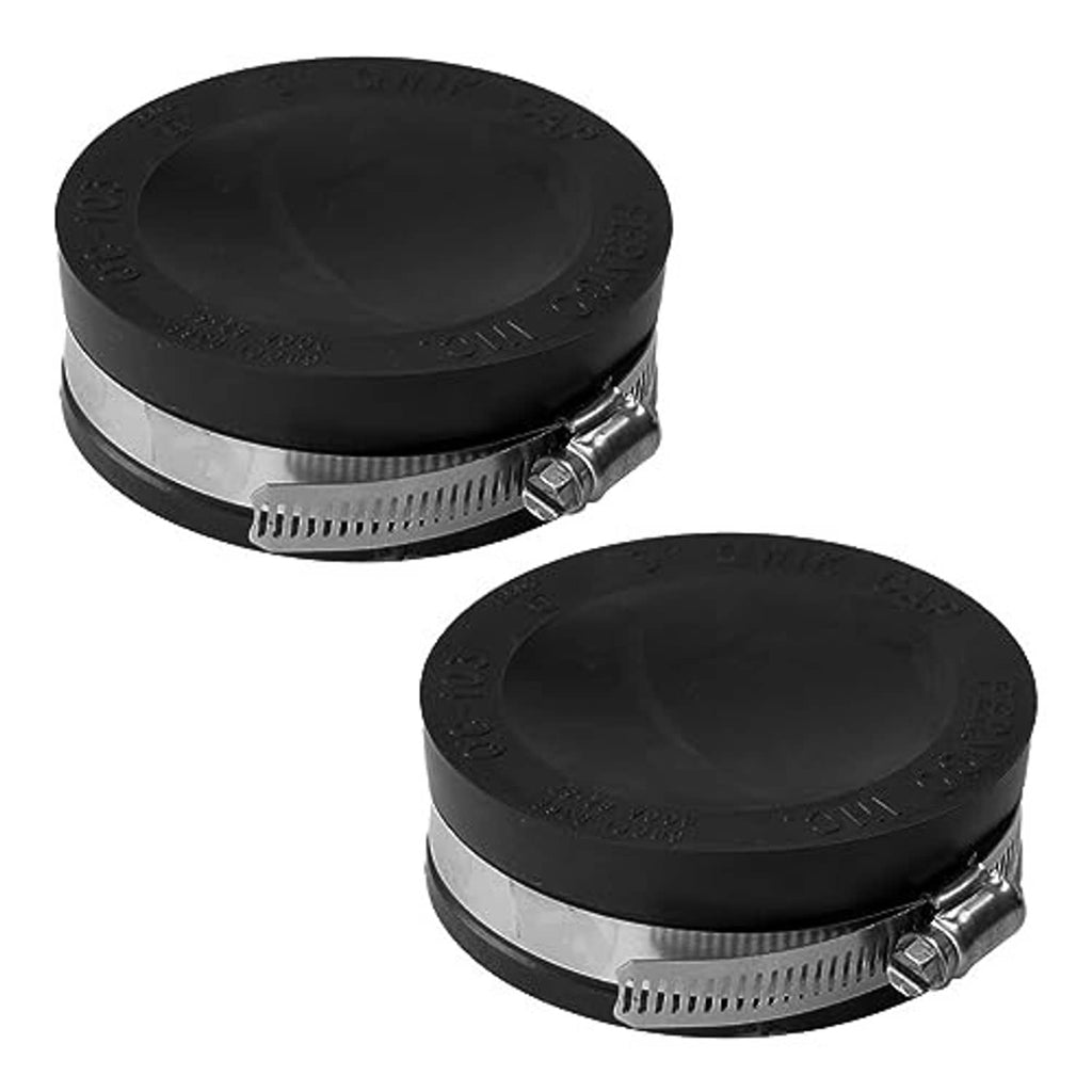 Two black 3-in flexible PVC pipe caps with metal clamp band and bolt.